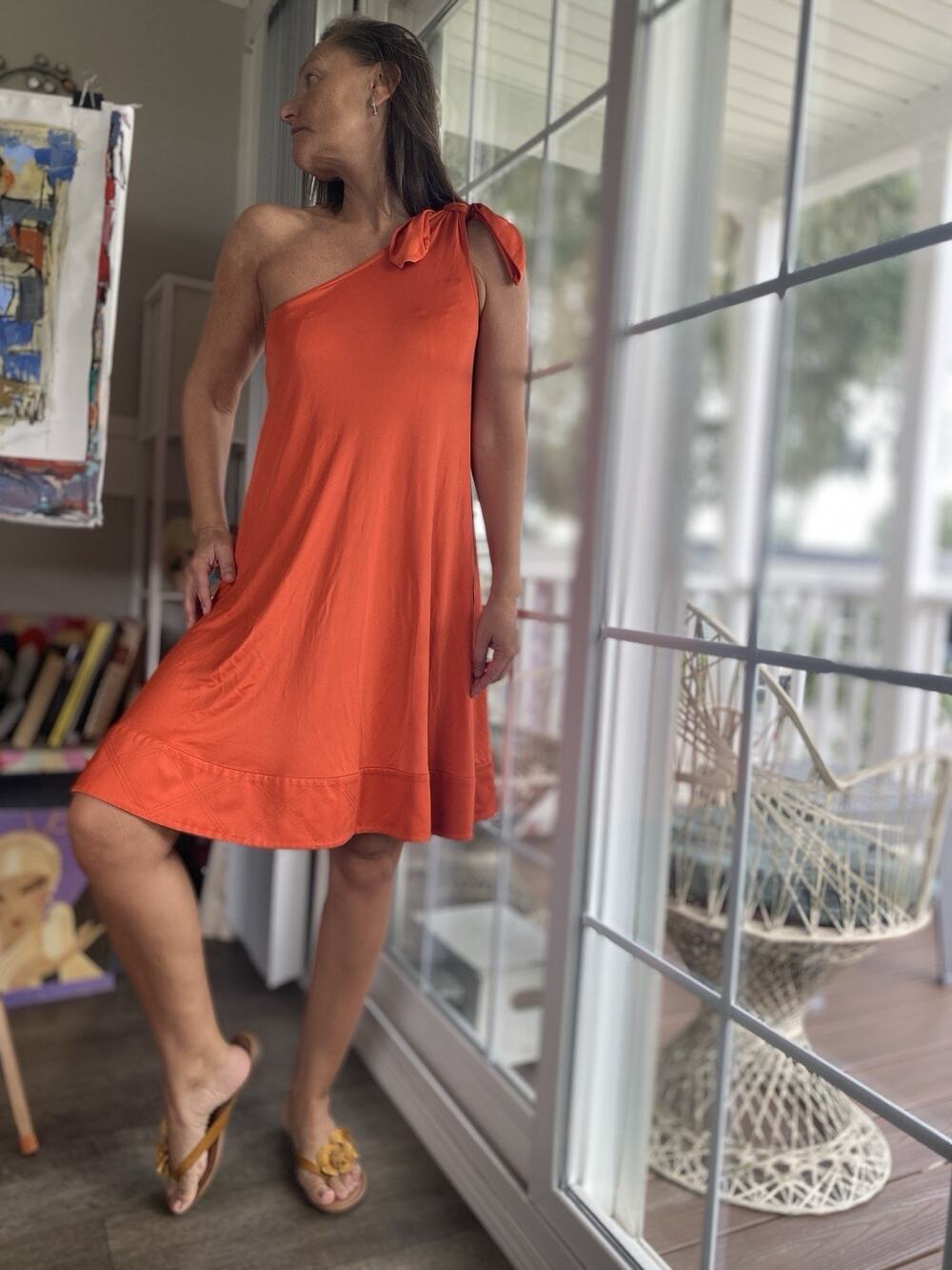 Diane Von Furstenberg One Shoulder Silk Blend Mini Dress Orange Grecian Knot 4
